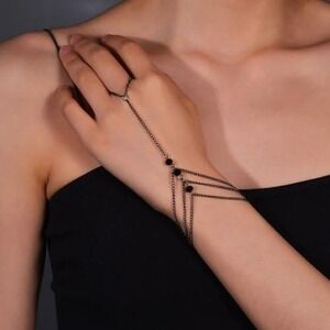 Gothic Gunmetal Layered Hand Chain Bracelet Slave Ring Harness Dark‎ Bead Accent